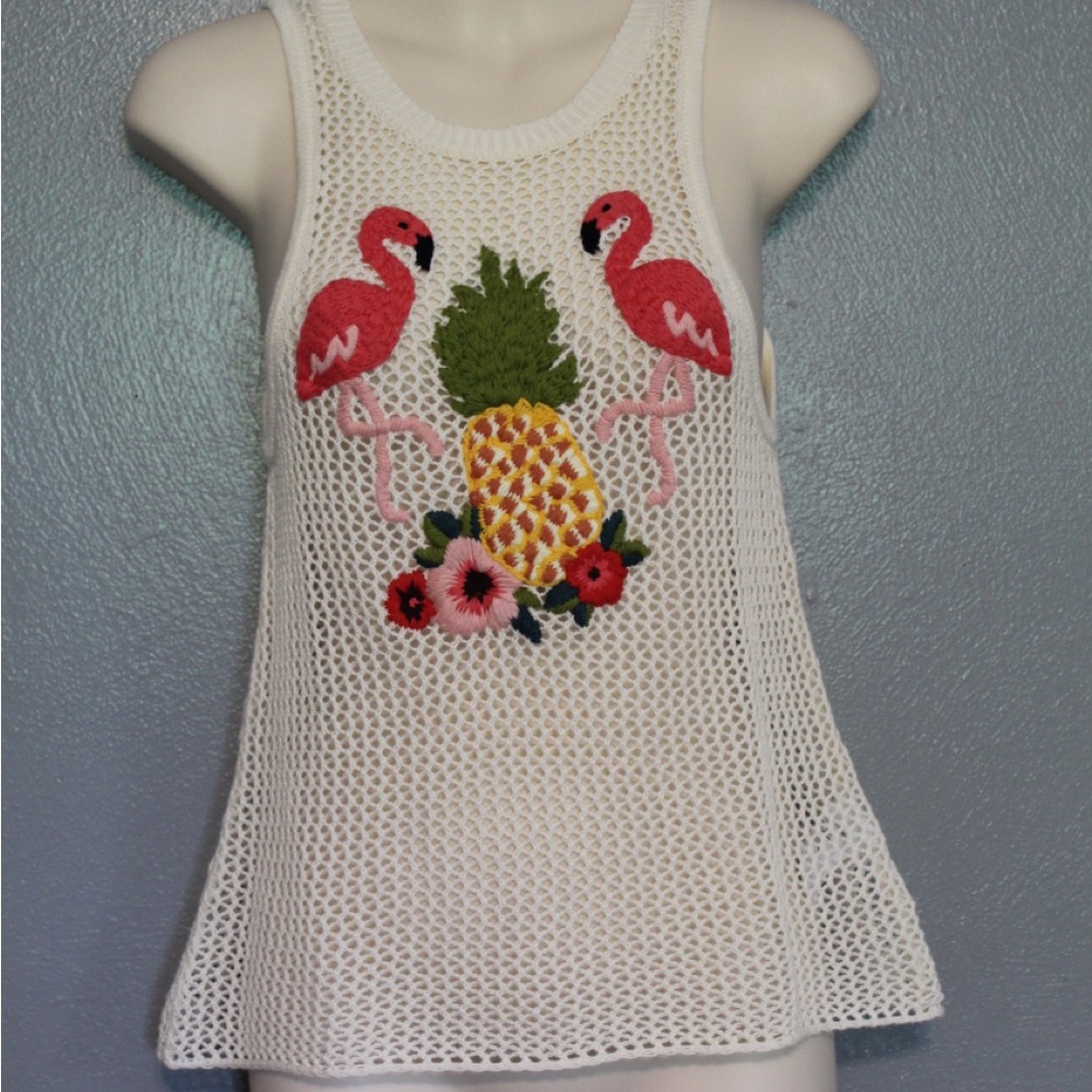 American Eagle Outfitters Crochet Flamingo Pineapple Embroidered Tank Top XS